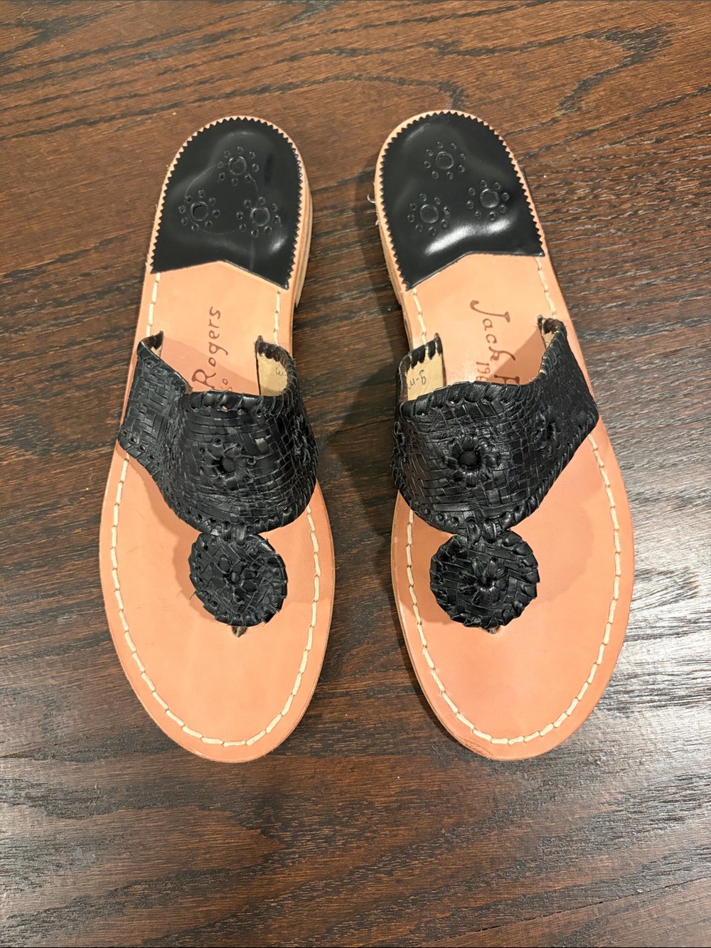 Jack Rogers Black Leather Woven Thong Sandals with Tan Footbed